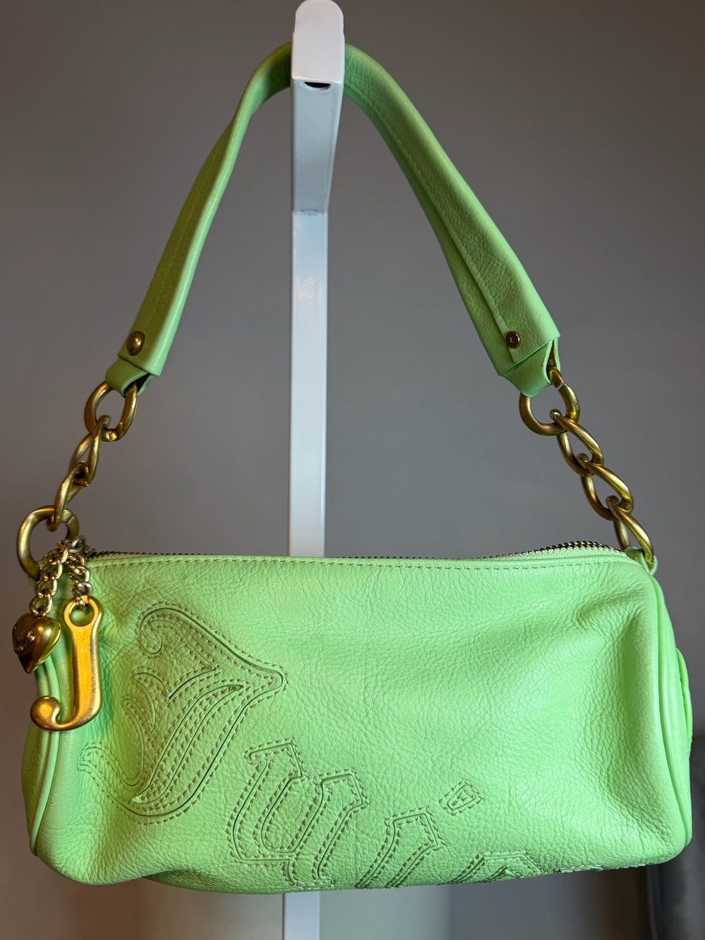 Vintage Y2K Juicy Couture Neon Lime Leather Shoulder Bag with Gold Hardware